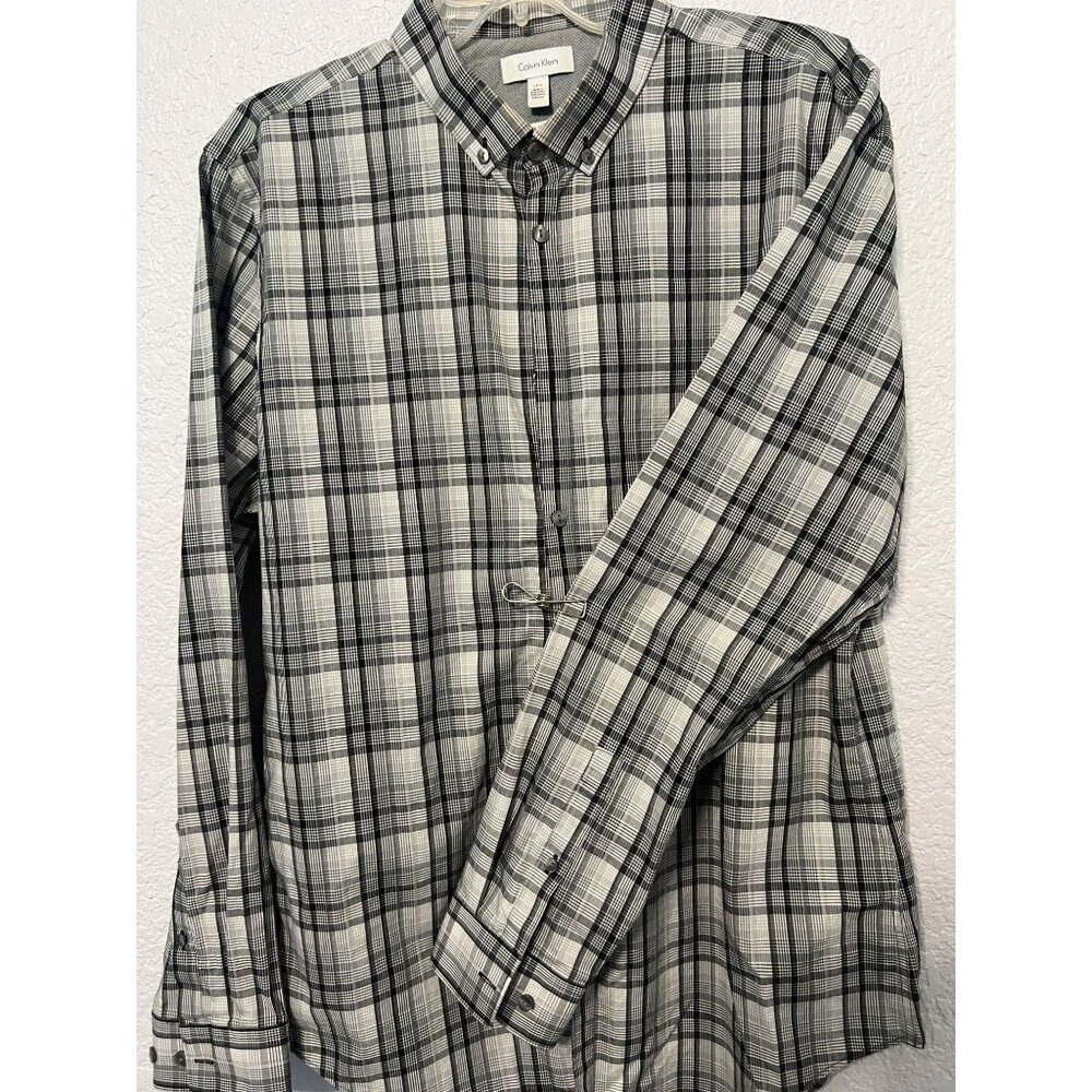 Calvin‎ Klein Mens Lrg LS Shirt Button Up Gray Black Plaid
